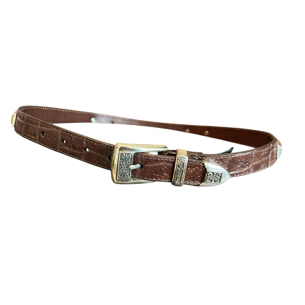 Brighton Brown Leather Belt Size 30 Floral Engraved Silver Tone Western